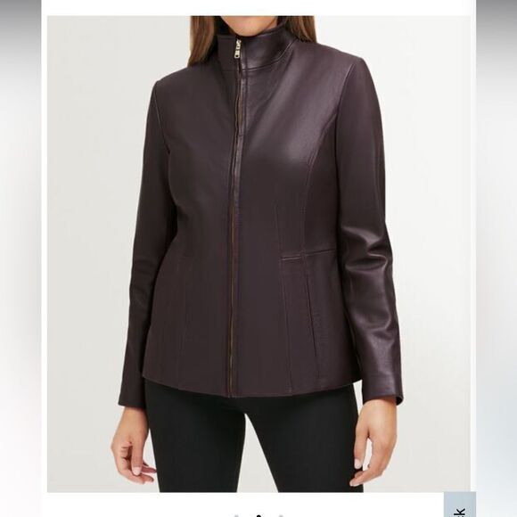 Cole Haan Wing Collar Lambskin Leather Jacket, in Chianti Womens Size XS, NWT - Picture 1 of 12